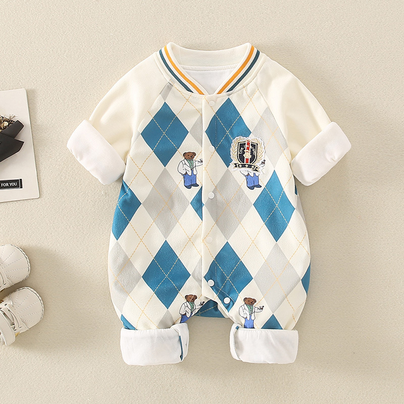Baby Boy Bear Embroidery Rhomb Long Sleeve Romper-kissminis