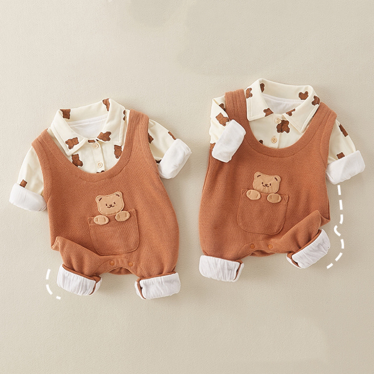 Baby Cartoon Bear Graphic Mock Two Pieces Long Sleeve Romper-kissminis