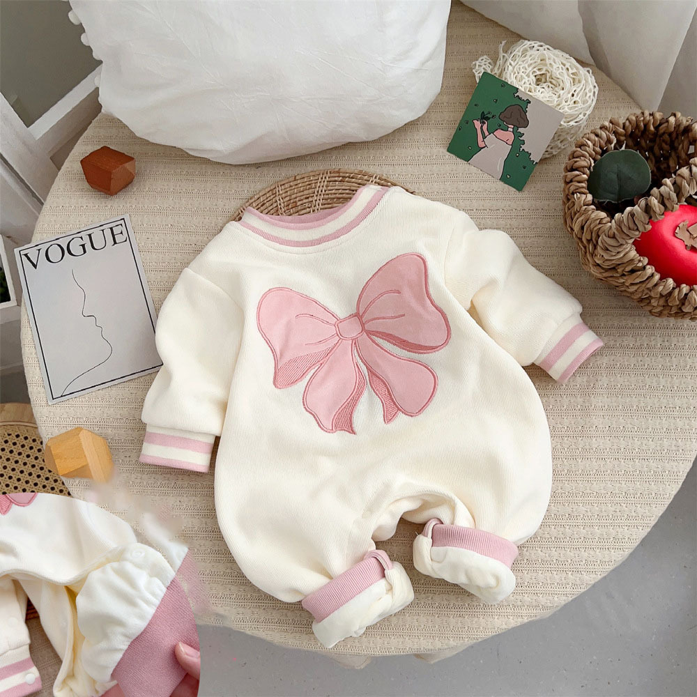 Baby Girl Super Cute Thickened Plush Butterfly Knot Pattern with Long Sleeve Romper-kissminis