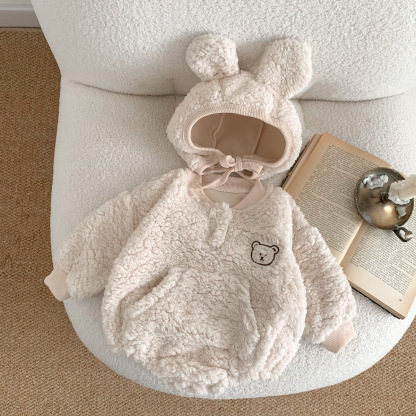 2pcs Winter Baby Boy/Girl Cute Bear Design Fluff Long Sleeve Romper with Hat Set-kissminis
