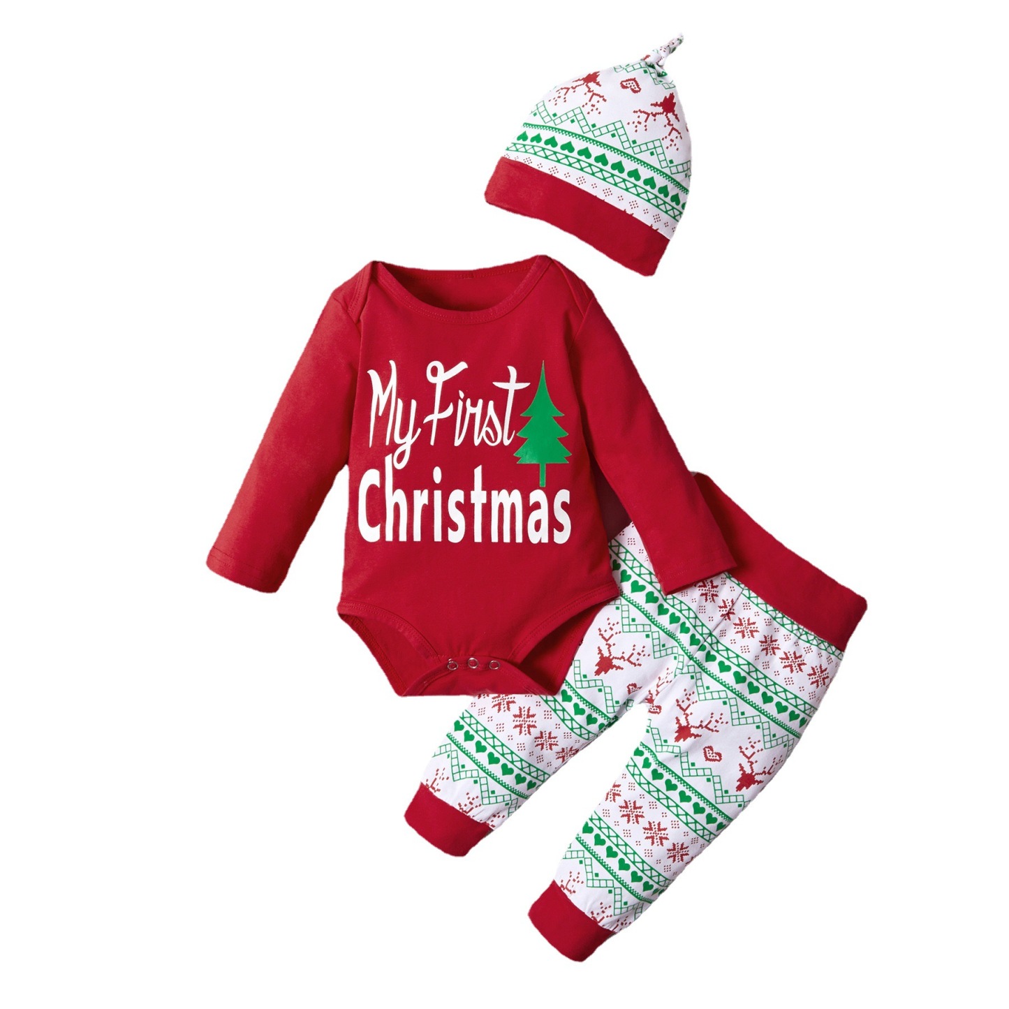 4pcs Newborn Baby Boy & Girl Christmas Letter and Cartoon Print Long Sleeve Bodysuit with Bottoms, Hat and Hairband Set-kissminis