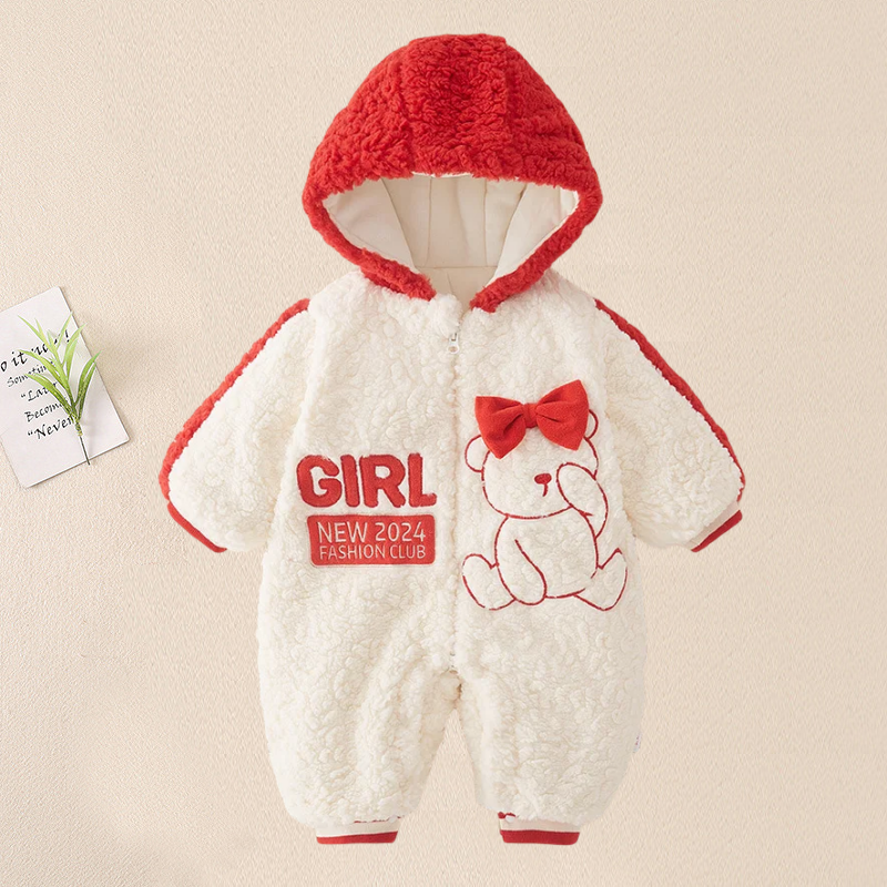 Baby Boy/Girl Winter Bear Tie Design Long Sleeve Thicken Fluff Hooded Romper -kissminis
