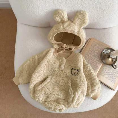 2pcs Winter Baby Boy/Girl Cute Bear Design Fluff Long Sleeve Romper with Hat Set