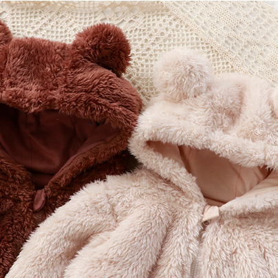 Baby Boy/Girl Cute Bear Ears Design Solid Color Fluff Long Sleeve Hooded Romper-kissminis