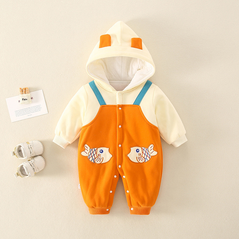 Baby Boy & Girl Winter Fish Graphic Thicken Hooded Long Sleeve Romper-kissminis