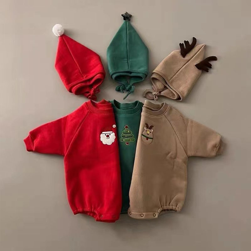Baby Boy/Girl Christmas Cartoon Pattern Long Sleeve Bodysuit and Hat-kissminis