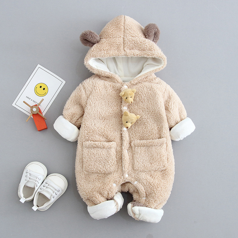 2pcs Baby Boy/Girl Winter Thicken Fluff Solid Color Cute Bear Design Romper -kissminis