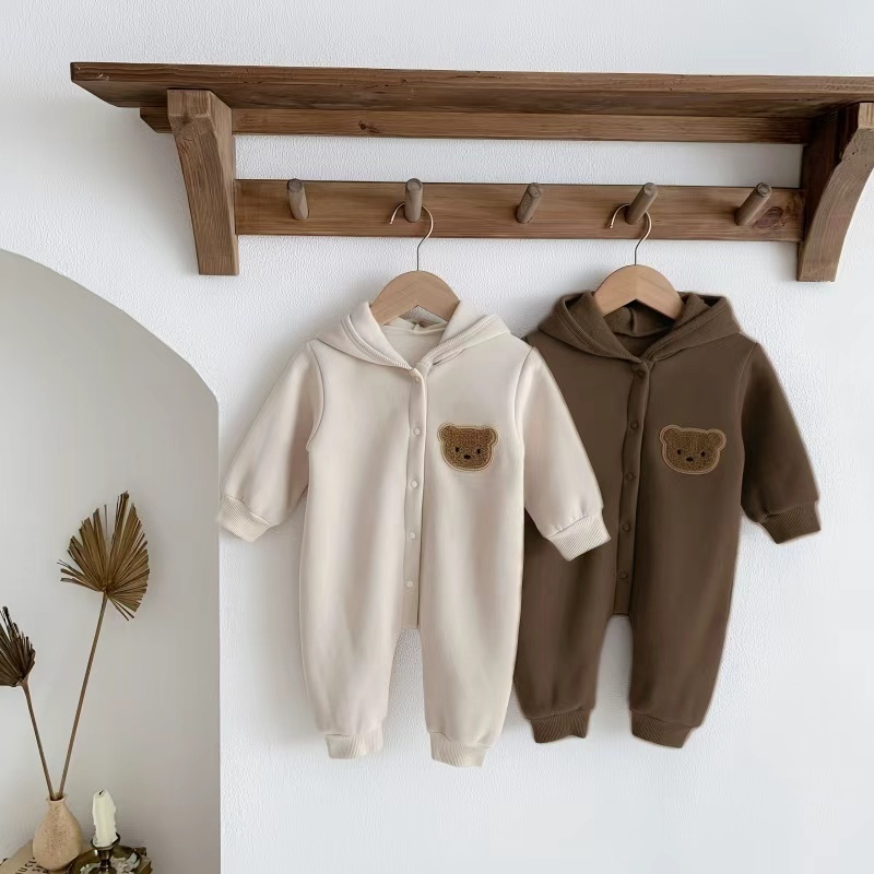 Baby Toddler Boy/Girl Bear Patch Solid Color Long Sleeve Fluff Romper