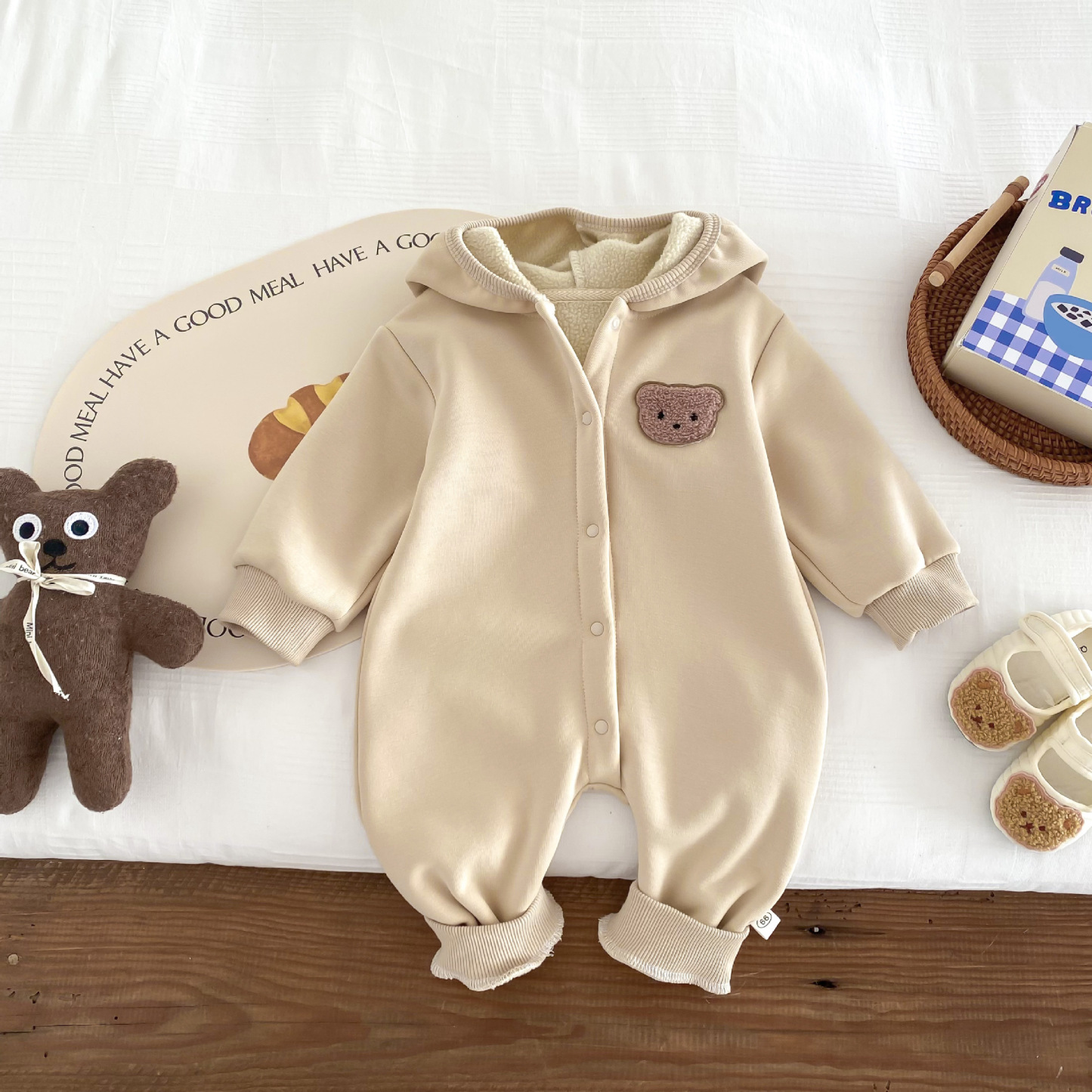 Baby Boy/Girl Bear Design Animal Graphic Simple Hooded Solid Color Long Sleeve Hooded Romper-kissminis