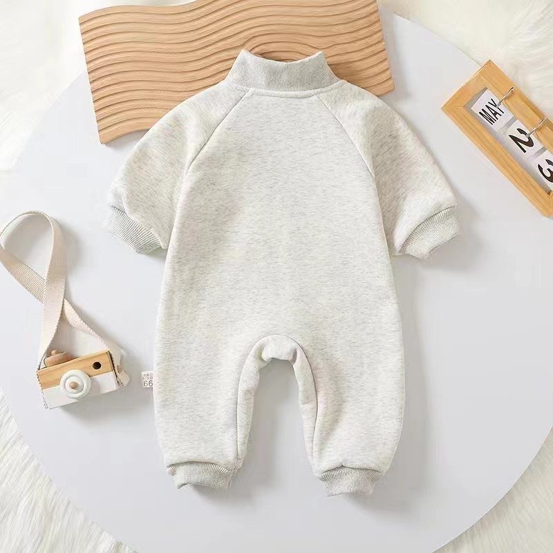 Baby Boy/Girl Solid Color Stand Collar "C" Print Long Sleeve Romper-kissminis