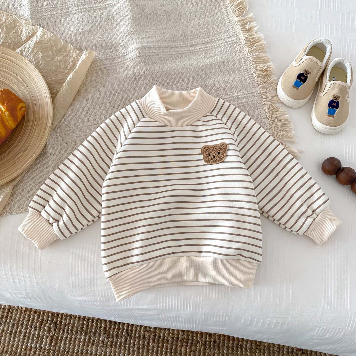 Toddler Boy/Girl Cute Bear Print Striped Long Sleeve Sweatshirt and Solid Color Pants-kissminis