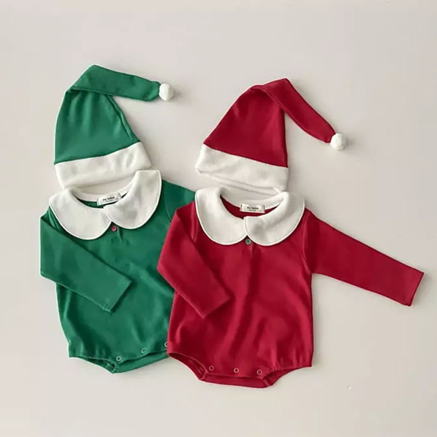 2pcs Baby Boy/Girl Christmas Style Solid Color Long Sleeve Bodysuit with Hat Set-kissminis