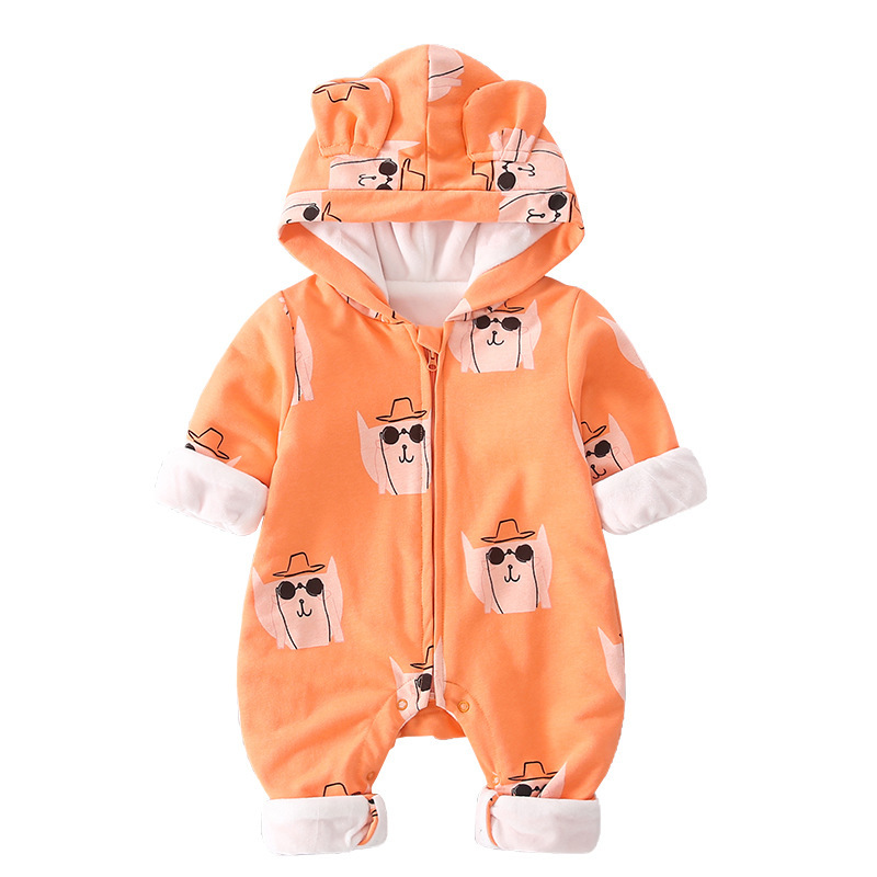 Baby Boy/Girl Winter Cute Cartoon Cat Pattern Hooded Romper-kissminis