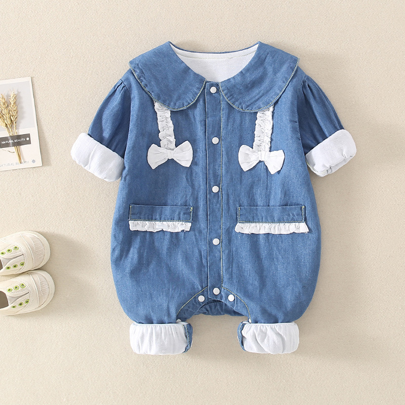 Baby Cartoon Graphic Denim Polo Collar Romper-kissminis