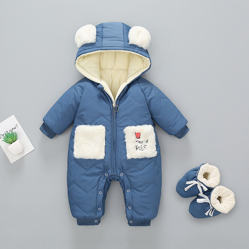2pcs Baby Boy/Girl Winter Thicken Cartoon Graphic Bear Ear Design Hooded Romper with Shoes Set-kissminis