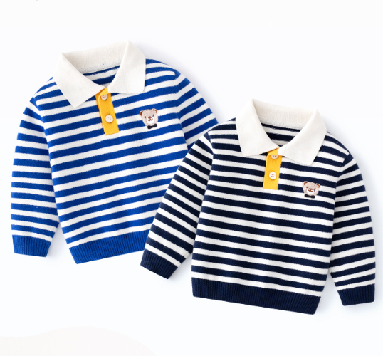 Toddler Boy/Girl Cute Bear Print Polo Collar Striped Long Sleeve Sweatshirt-kissminis