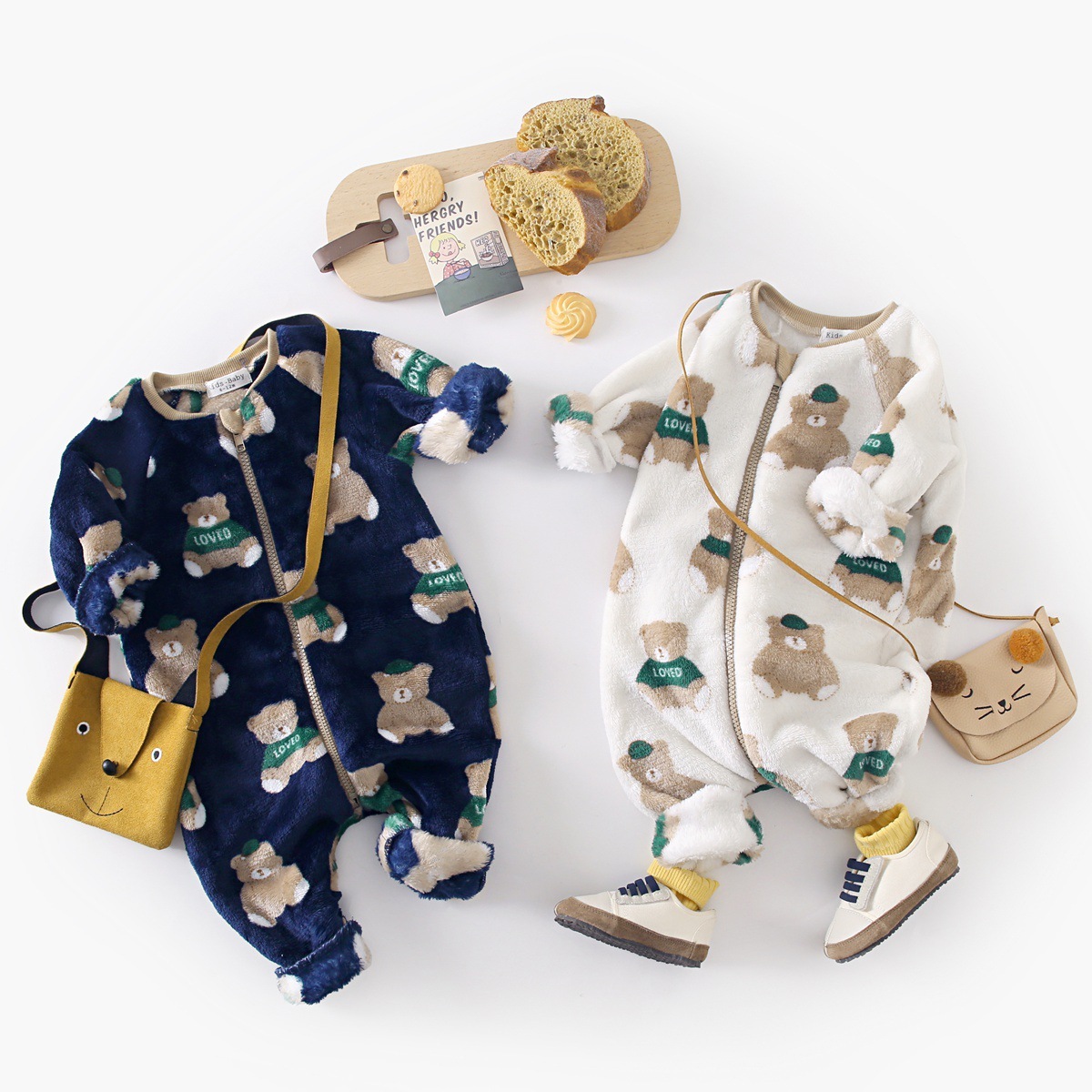 Baby Boy/Girl Winter Fluff Allover Bear Print Long Sleeve Romper-kissminis