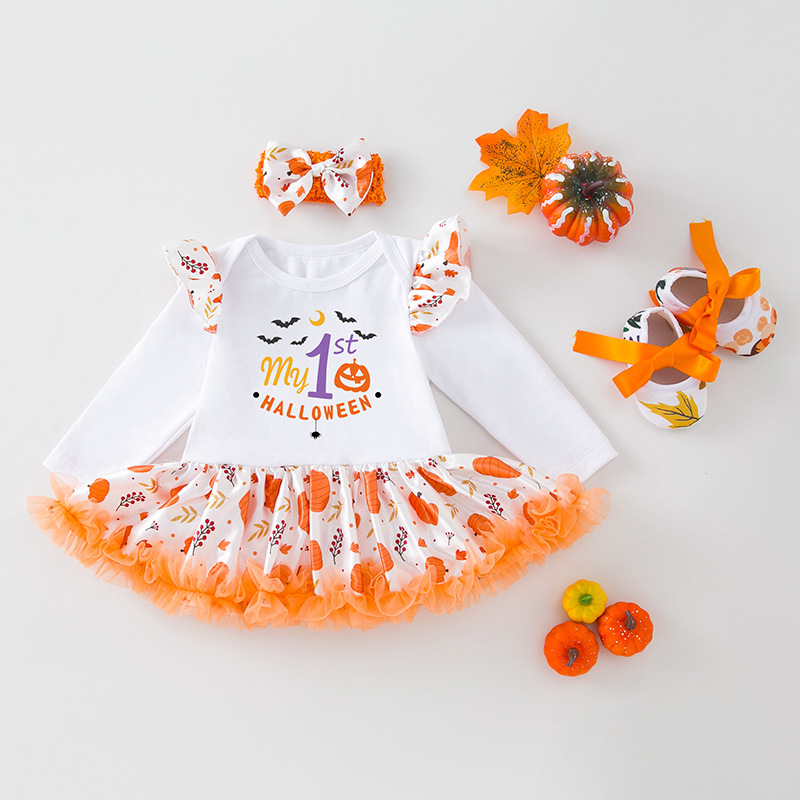 3pcs Newborn Baby Girl Hallowen Wacky Pumpkin Cartoon Print Long Sleeve Dress Set-kissminis