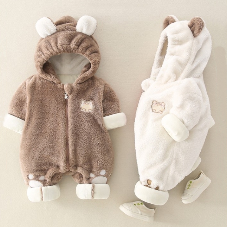 Baby Boy/Girl Winter Thicken Porket Embroidery Long Sleeve Hooded Fluff Romper-kissminis