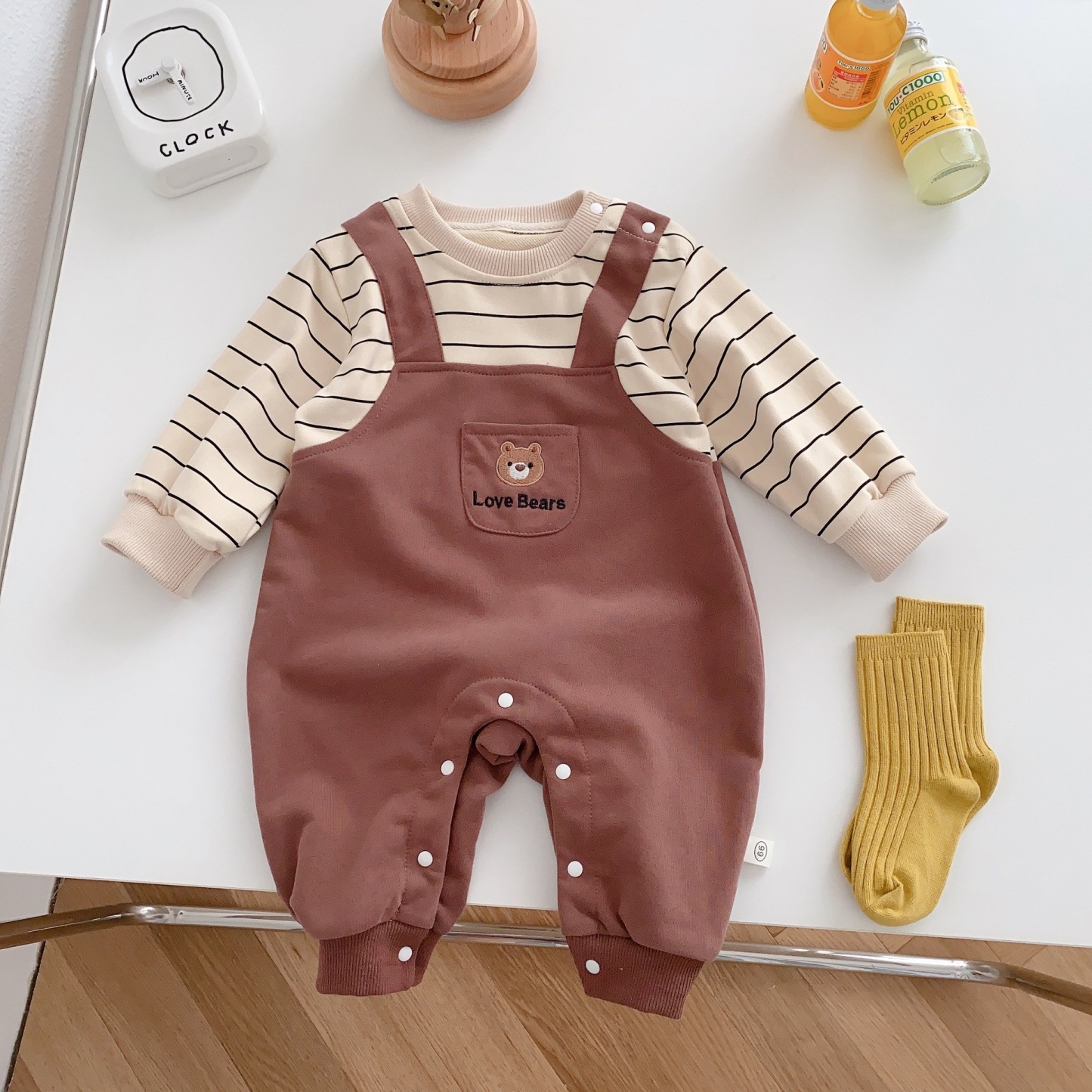 Baby Boy/Girl Cute Bear Pocket Design Fake Two Pieces Striped Long Sleeve Romper-kissminis