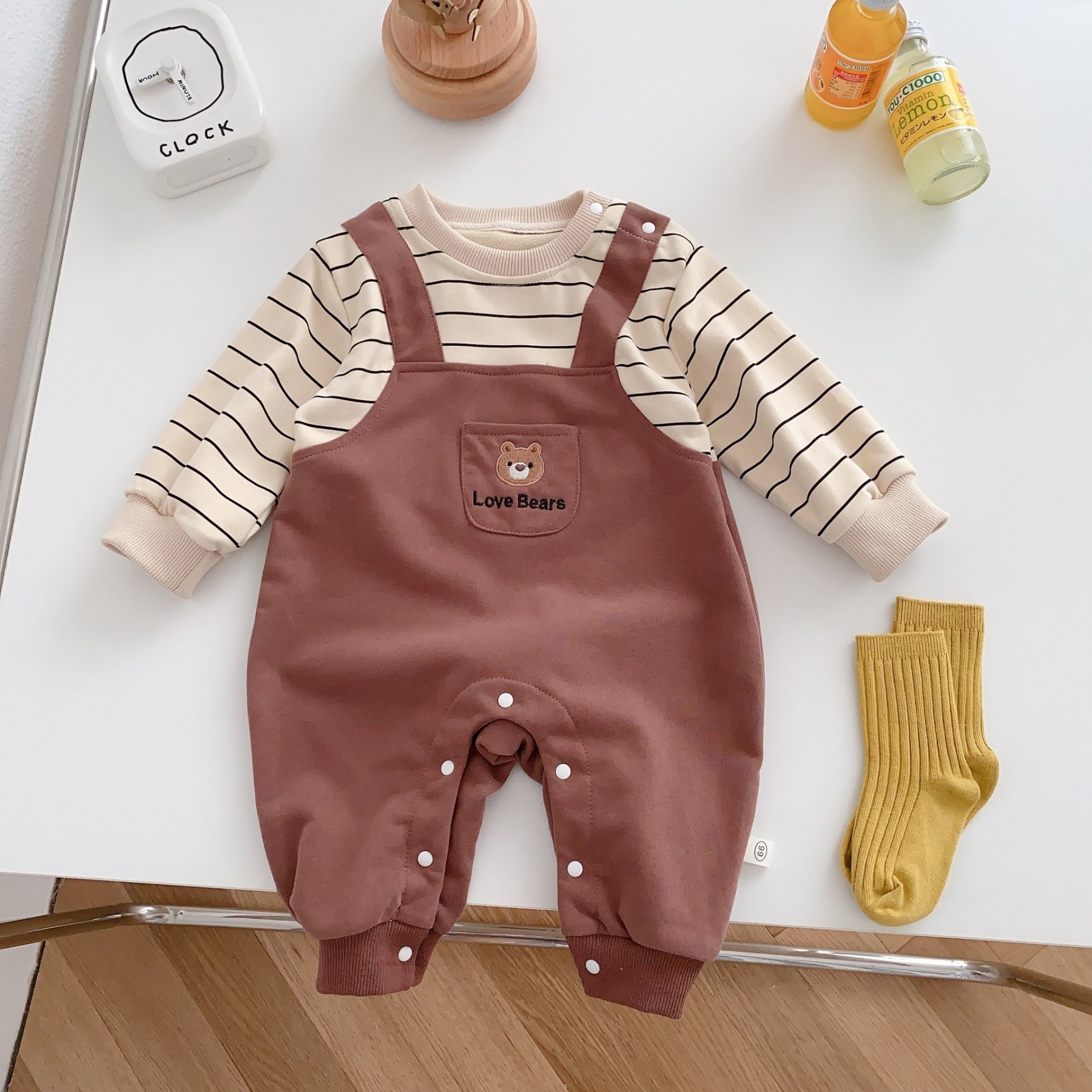 Baby Boy/Girl Cute Bear Pocket Design Fake Two Pieces Striped Long Sleeve Romper-kissminis