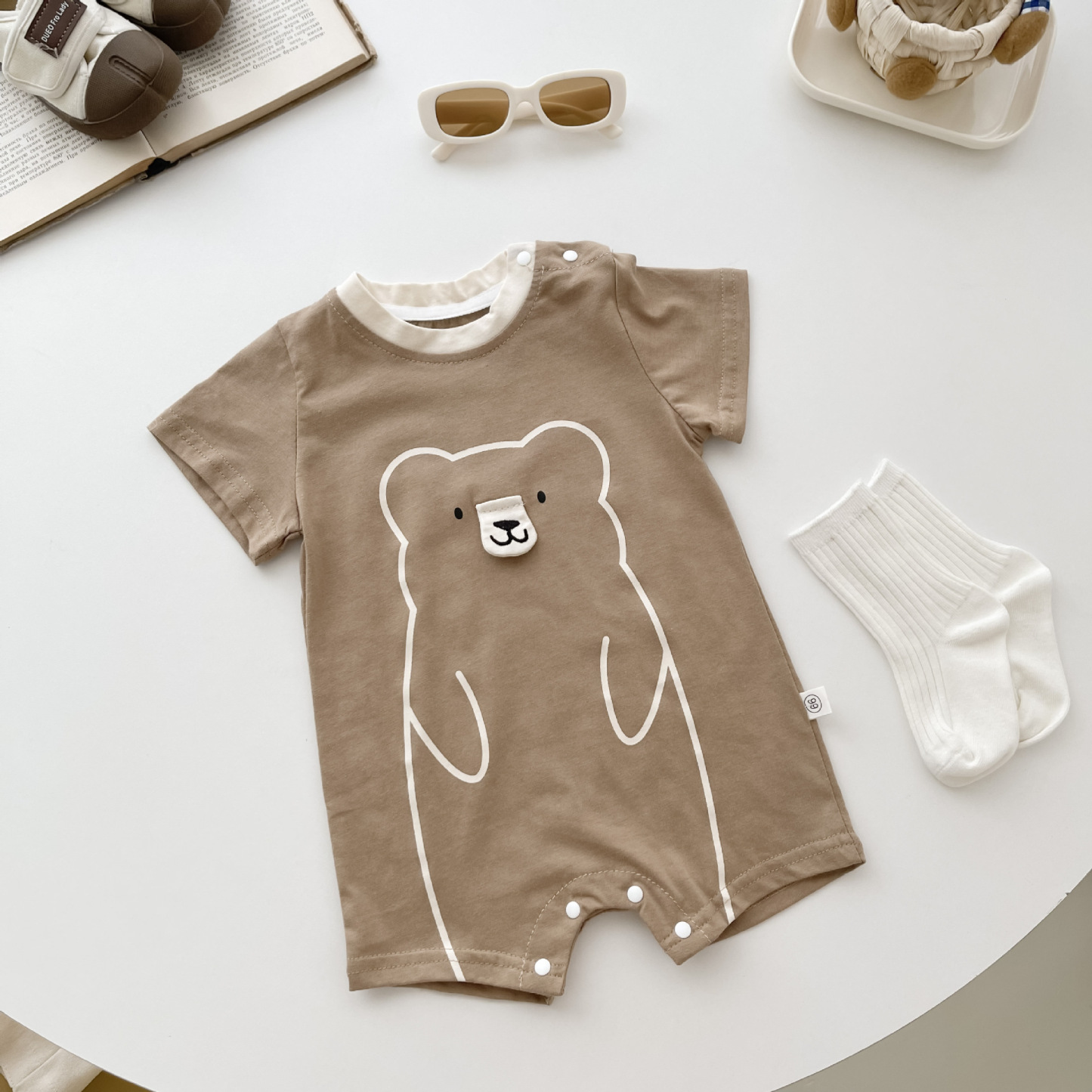 Baby Bear Pattern Solid Color Short Sleeve Romper-kissminis