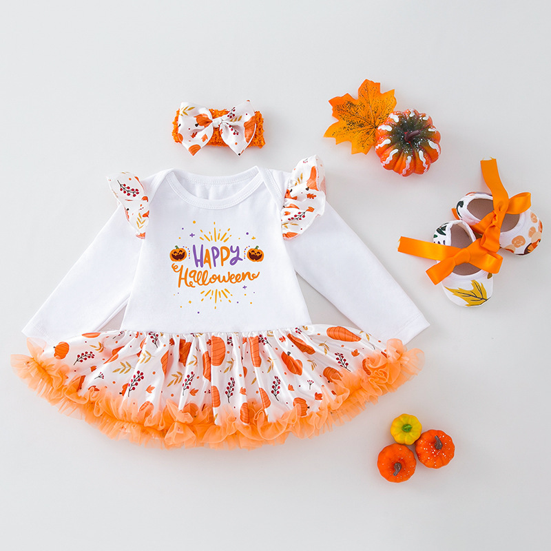 3pcs Newborn Baby Girl Hallowen Wacky Pumpkin Cartoon Print Long Sleeve Dress Set-kissminis
