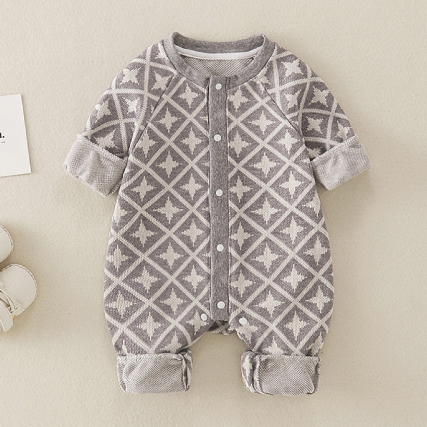 Baby Boy/Girl Diamond-checked Knit Long Sleeve Romper-kissminis