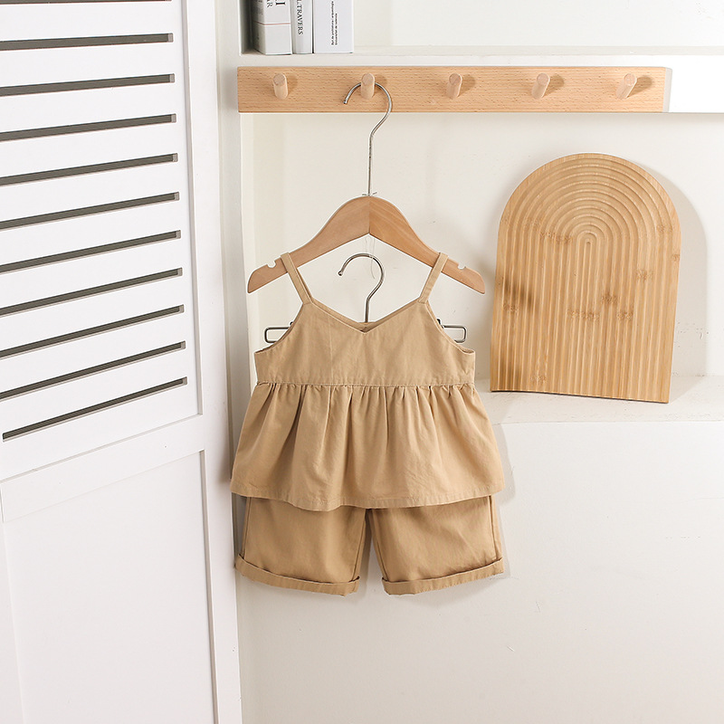 Tan and Cream Spaghetti-strap Ruffled Top and Shorts Sets