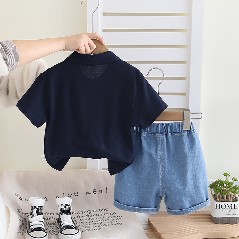 2pcs Bear Embroidery and Tie Detail Denim Shorts Set
