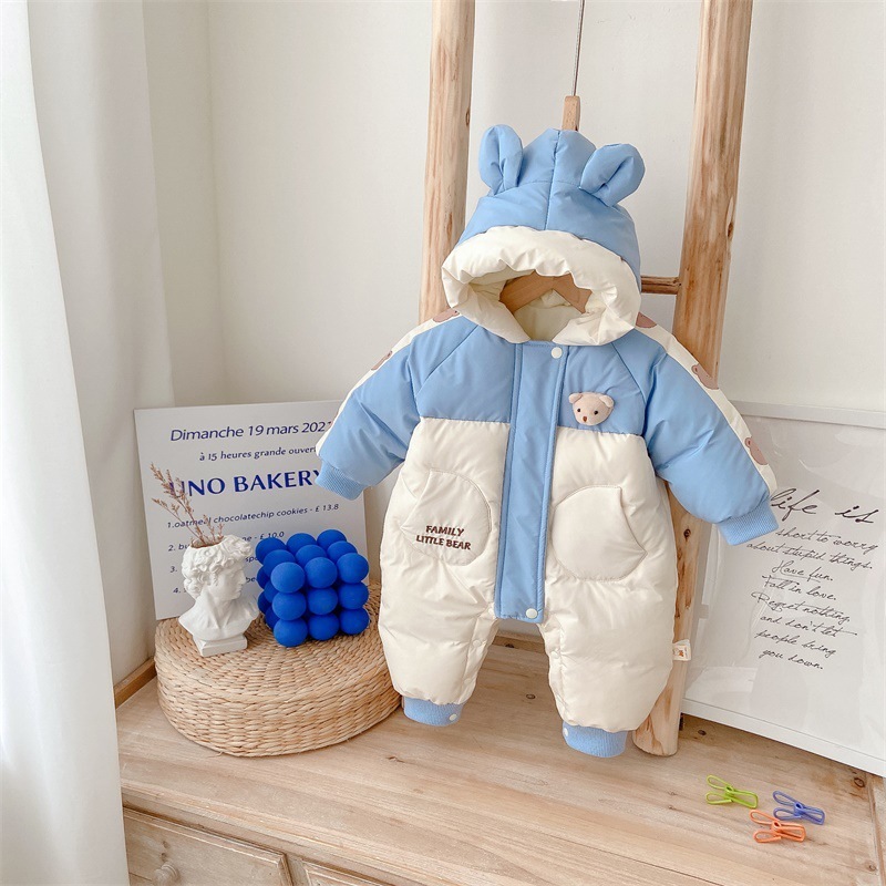 Baby Boy Winter Bear Patch Long Sleeve Hooded Cotton-padded Fluff Romper-kissminis