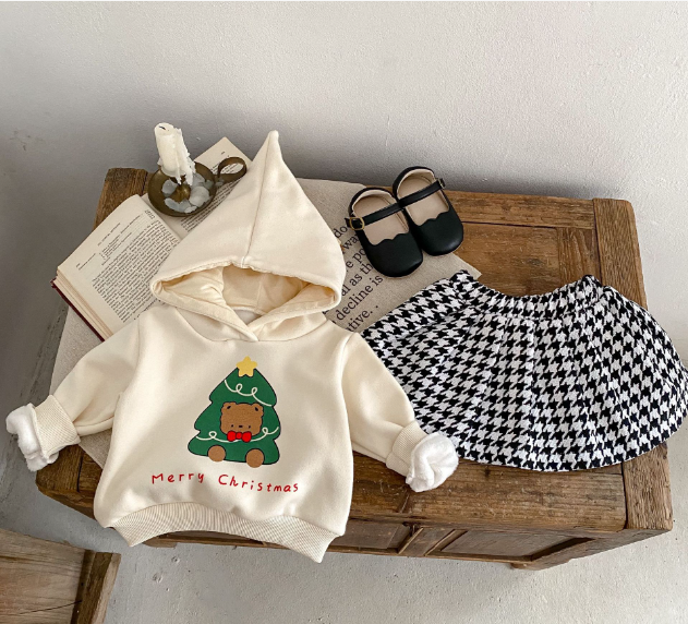 Bayby Toddler Girl Christmas Tree with Bear Print Long Sleeve Hooded Sweatshirt and Plaid Skirt-kissminis