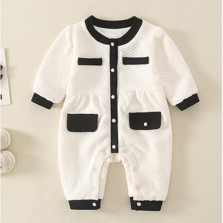 Baby Girl Mock Pocket Chanel Style Simple Long Sleeve Romper-kissminis