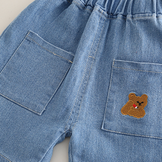 2pcs Bear Embroidery and Tie Detail Denim Shorts Set