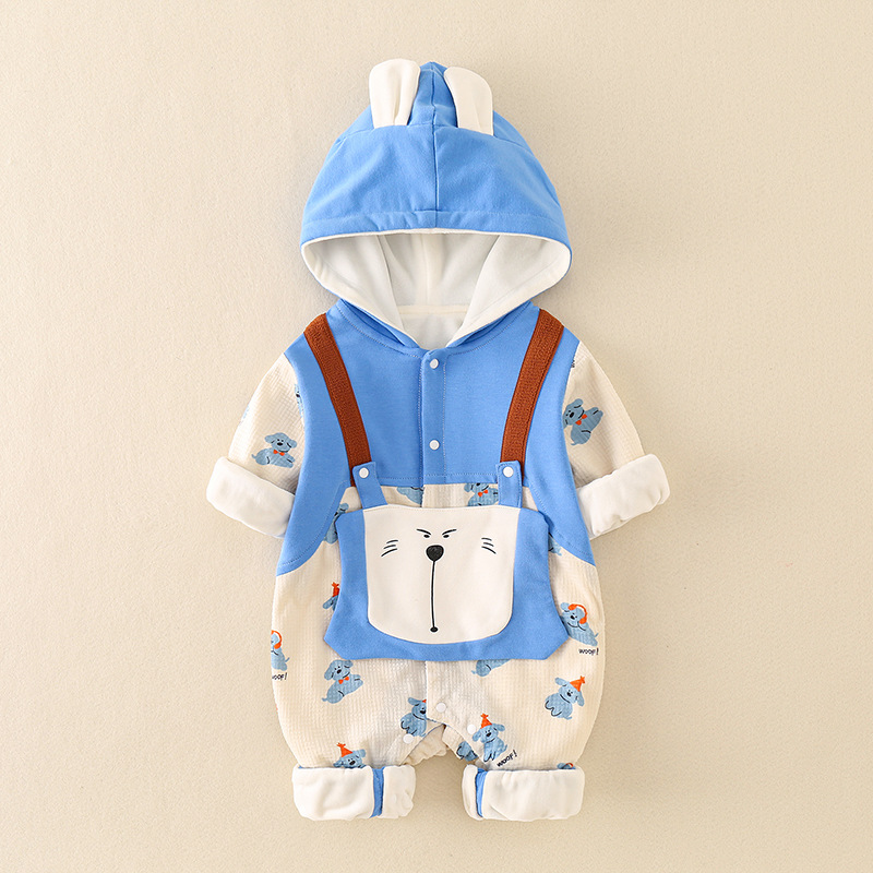 Newborn Baby Fake Two Pieces Dog Pattern Hooded Long Sleeve Romper-kissminis