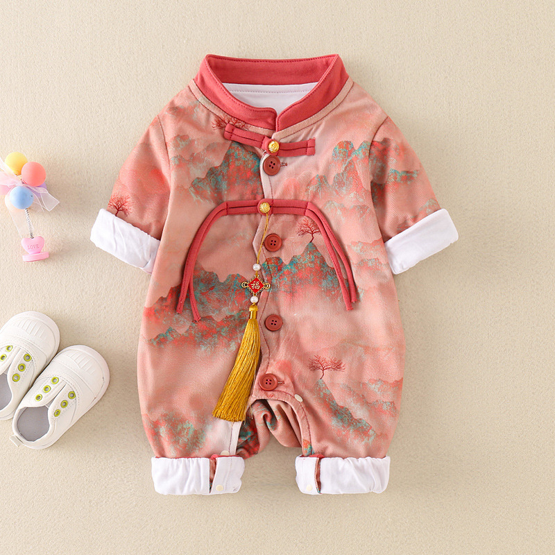 Baby Chinese Style Single-breasted Long Sleeve Romper-kissminis