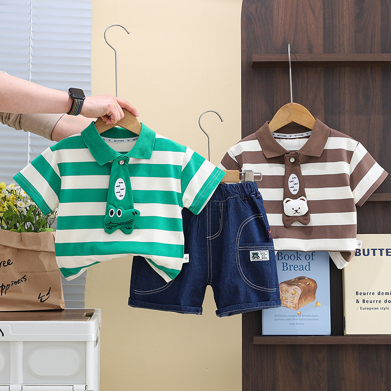 Striped Polo Shirts with Animal Motifs and Denim Shorts Sets
