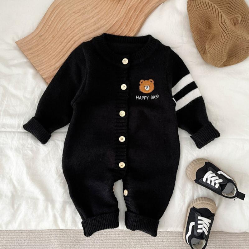 Baby Boy/Girl Bear Graphic Button closure Long Sleeve Knitted Romper-kissminis