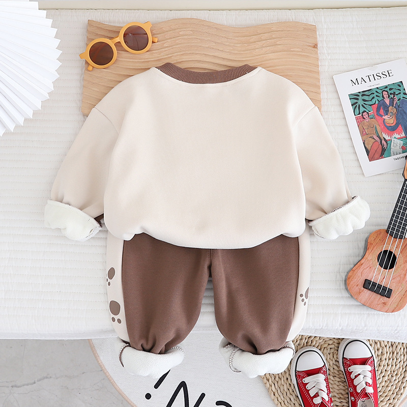 Toddler Boy/Gir Bear Plus Velvet Warm Pullover Two Piece Set-kissminis