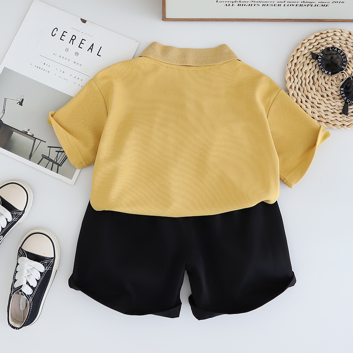 Polo Short-sleeve Shirt with Bear Motif Pocket and Beige Shorts Set