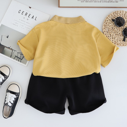 Polo Short-sleeve Shirt with Bear Motif Pocket and Beige Shorts Set