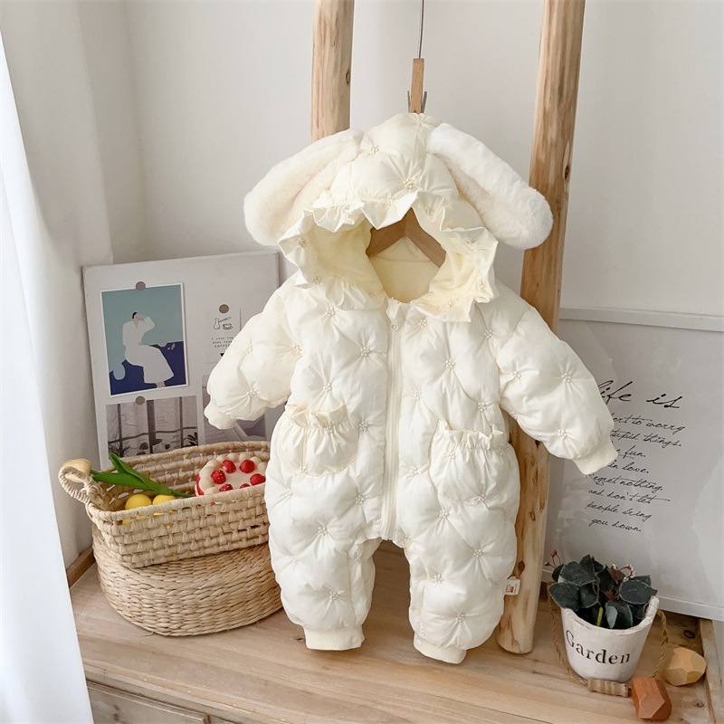 Baby Girl Winter Solid Color Floral Graphics Long Sleeve Hooded Fluff Romper-kissminis