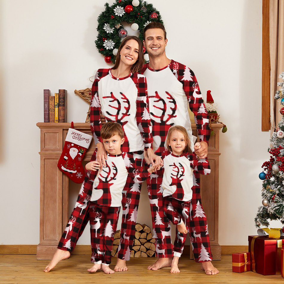 Matching Christmas Pajamas Deer Plaid Long-sleeve Pajamas Sets