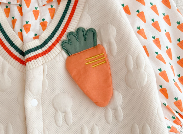 Baby Girl Cute Carrot and Allover Rabbit Pattern Fake Two Pieces Long Sleeve Romper-kissminis