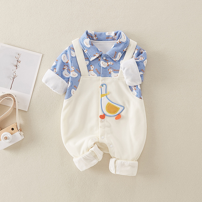 Baby Boy Fake Two Pieces Cute Duck Pattern Long Sleeve Romper-kissminis