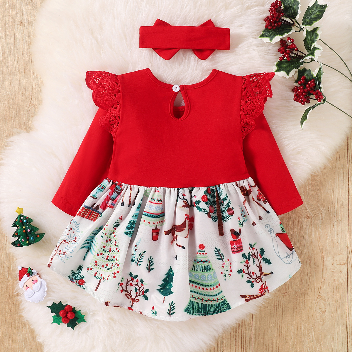 2pcs Baby Girl Christmas Cartoon Lace Long Sleeve Romper with Hair Band Set-kissminis