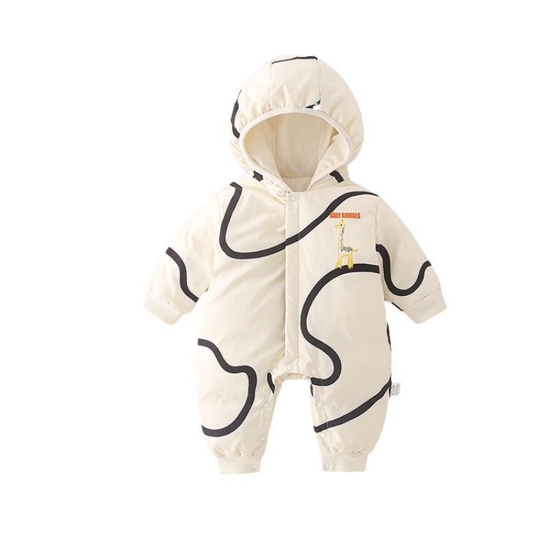 Baby Boy/Girl Winter White Duck Down Striped Giraffe Pattern Hooded Romper-kissminis