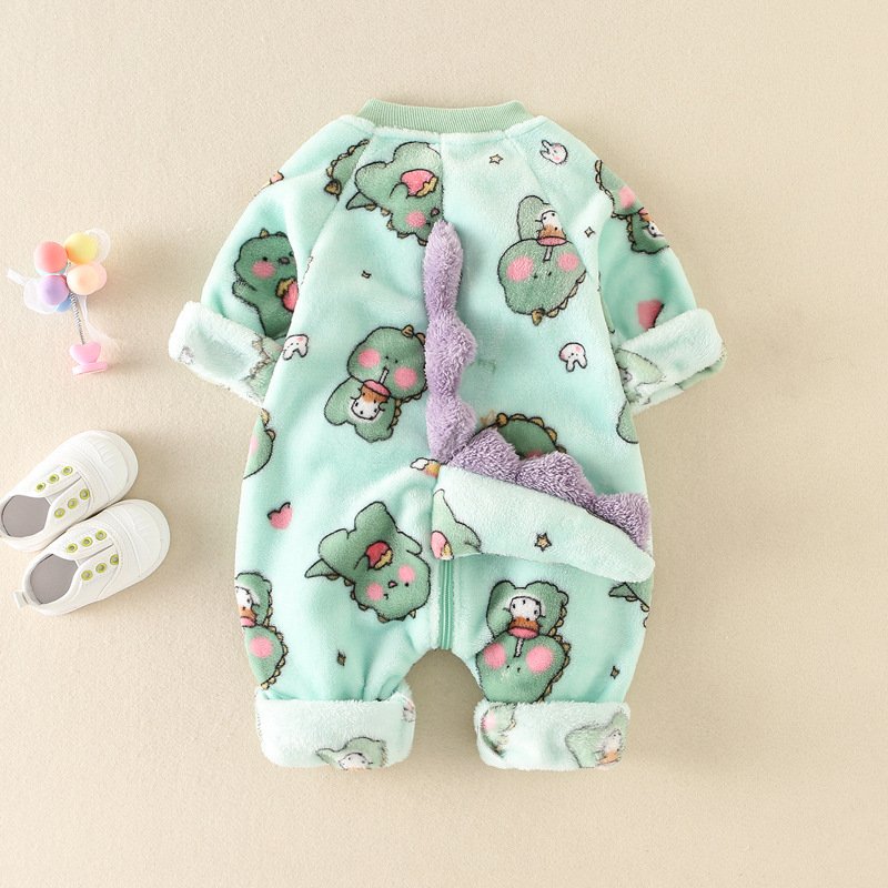 Baby Boy & Girl Dinosaur Graphic Flannel Zippered Long Sleeve Romper-kissminis
