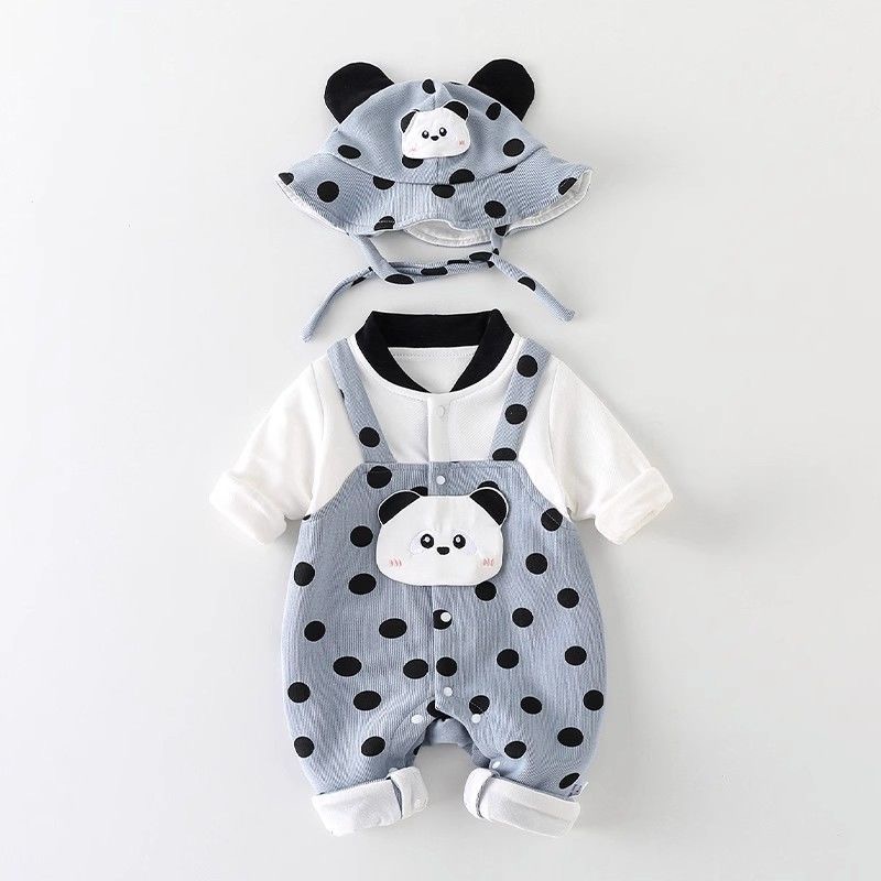 2pcs Baby Boy/Girl Cartoon Panda Dot Print Long Sleeve Romper with Hat Set-kissminis