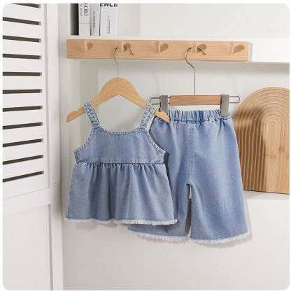 Denim Spaghetti - strap Ruffled Top Embroidery and Denim Culottes Set